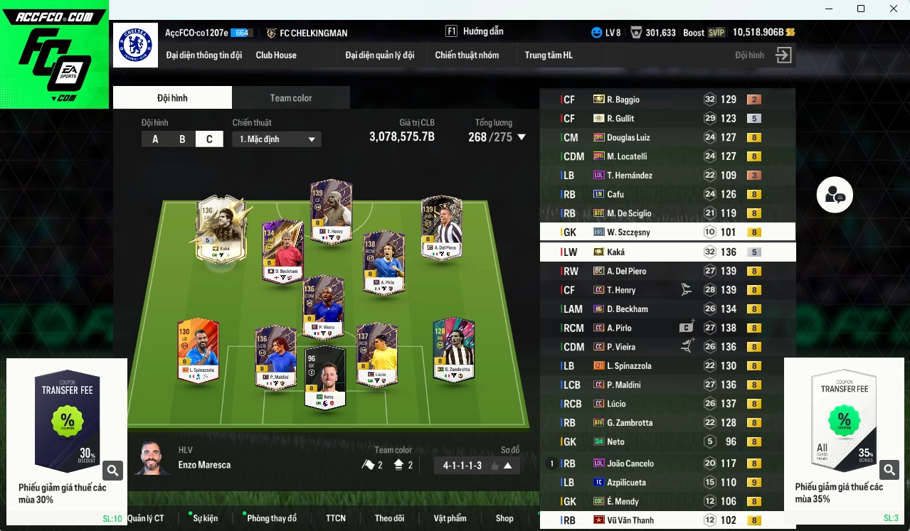 [ACC Rẻ🔥] Juventus 3.078.570b dư 10.500b có Kaká ITM+5, Del Piero DC, Baggio ITM+2, Henry CC, Maldini CC, Pirlo CC, Lúcio CC, Beckham HG, Vieira CC, Gullit ICON... Còn nhiều SVIP, HLV Xịn, VIP BK Tháng 7